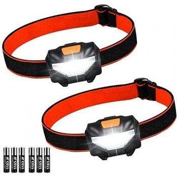 Linterna Frontale, 2 Piezas Linterna Cabeza con 3 Modos de Iluminación y 60° Ajustable Ángulo, Lampára de Cabeza Impermeable con 6 Pilas AAA para Correr, Acampar, Cenderismo, Pesca, Ciclismo