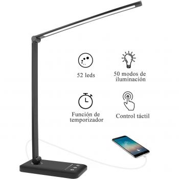 AUELEK Lámpara Escritorio LED, Lámparas de Mesa USB Recargable con Temporizador 52 SMD Leds, 5 * 10 Modos de Brillo, 2000mAh Flexo Escritorio Luz con Diseño Giratorio/Control Táctil