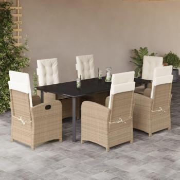 7-Piece Beige Poly Rattan Garden Dining Set with Cushions