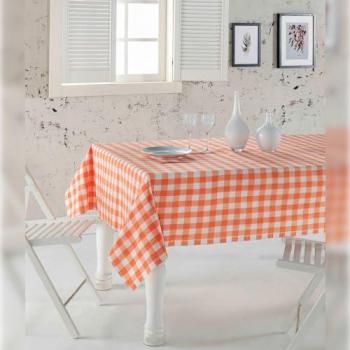 Mantel de Algodón Naranja y Blanco 160 x 220 cm con Diseño de Cuadros
