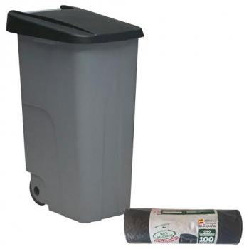 Contenedor Cerrado 85L Negro H.76cm + Rollo 10 bolsas de basura 100L