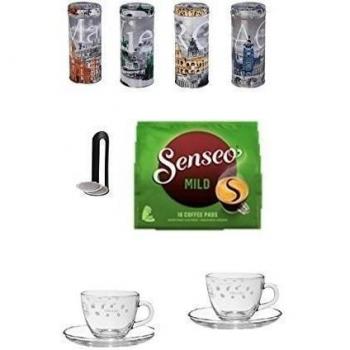 Senseo Mild 1Paquete + Senseo Bote con elevador para guardar cápsulas de café Nuevo Diseño 2016Café Pad lata con Madrid de ROM de Praga y motivos Wien + 2tazas de cristal con asa y platillo