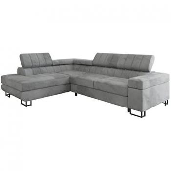 Sofá rinconero Comfivo 247, gris, con función de descanso y caja de ropa de cama, 271x203x71cm