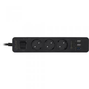 Regleta de enchufes 3 tomas con USB, protección contra sobrecarga, interruptor y cable de 1.5m, AC 220-250V, color negro