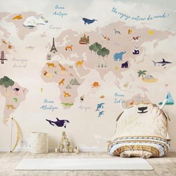 Papel Pintado Panorámico No Tejido Mapa Mundial Beige 336x270cm 99Déco