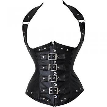 Underbust Bustier Corsé Top De Cuero del faux Estilo Steampunk Punk Cuello Hálter Hebilla en la Parte Delantera Remaches de Clavos 2XL Negro