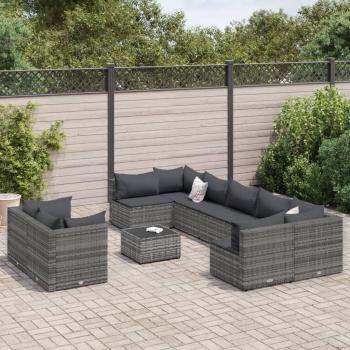 10-Piece Grey Poly Rattan Garden Sofa Set with Cushions