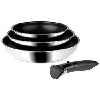 Juego de 3 sartenes Sitram Arpège de acero inoxidable con revestimiento antiadherente, asas removibles, diámetros de 20, 24 y 28 cm, aptas para todo tipo de fuegos incluyendo indu