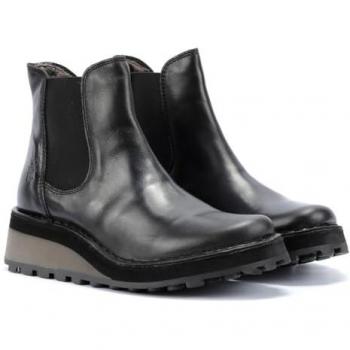 Fly London Huud Women's Black Leather Low Wedge Chelsea Boots