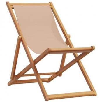 Silla de playa plegable de madera maciza de eucalipto y tela taupe, color gris topo