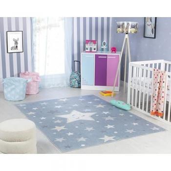 Alfombra Lavable para Niños y Niñas, Gran Tamaño 160x213 cm, Diseño Estrellas Azul y Beige, Ideal para Habitaciones Infantiles y Guarderías