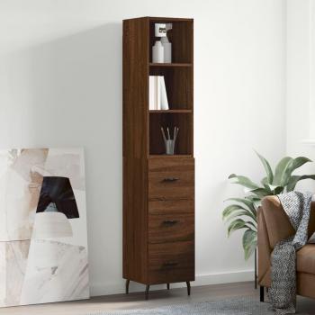 Aparador alto de madera contrachapada marrón 34,5x34x180 cm con 3 cajones y puertas para almacenamiento moderno