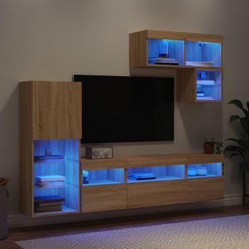 Mueble de TV de pared con LED 6 piezas madera ingeniería roble Sonoma vidaXL