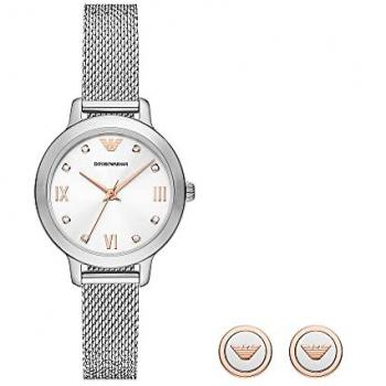 Reloj para Mujer Emporio Armani AR80065SET con diseño elegante, caja de acero inoxidable, esfera blanca, cristal mineral, correa de acero inoxidable, resistencia al agua hasta 50 metros y incluye pendientes a juego
