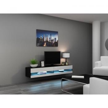 Cama RTV Vigo New 180 cm con estantes para TV, en color negro y blanco, de MDF laminado