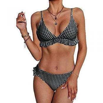 CheChury Conjunto de Bikini con Relleno Push Up Triangular Tartán Sexy Retro Brasileños Mujer Traje De Baño Bikini Mujer Dos Piezas Tartán Cuello Halter Volante Volantes Acolchado Bra