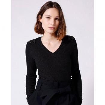 Camiseta de mujer Naf Naf lisa de manga larga con abalorios y cuello pico