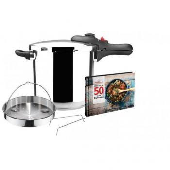 Olla a Presión Súper Rápida Magefesa DB6 6 Litros con Cestillo, Soporte y Recetario, Acero Inoxidable, 5 Sistemas de Seguridad