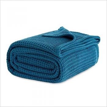 Bedsure Manta Sofá Verano Waffle - Manta Sofa Grande Algodón 100%, Manta Cama Suave y Transpirable, 220x240 cm, Azul