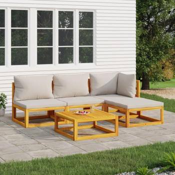 Set de muebles de jardín 5 piezas madera maciza con cojines gris claro