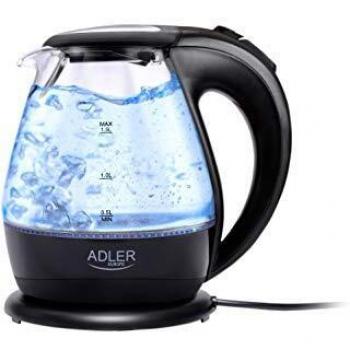 ADLER AD 1224 Hervidor de Agua Eléctrico 1,5 Litros, Jarra de Vidrio sin BPA, Retroiluminación LED Azul, Apagado Automático, Base Giratoria In