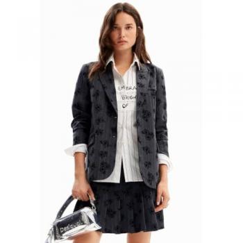 Blazer Desigual Mujer Rayas y Bordado de Flores, Chaqueta Tejida Negra, Talla L