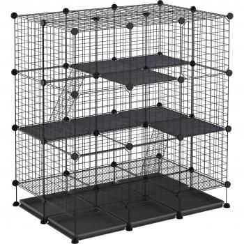 PawHut Valla Metálica para Pequeños Animales con 3 Niveles y 4 Puertas Grandes