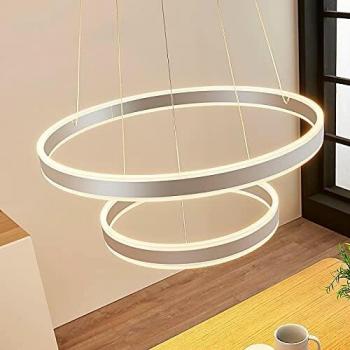 Lámpara colgante LED Lucande Lyani, 2 anillos, vertical, moderna, plateada, hecha de metal, para salón y comedor