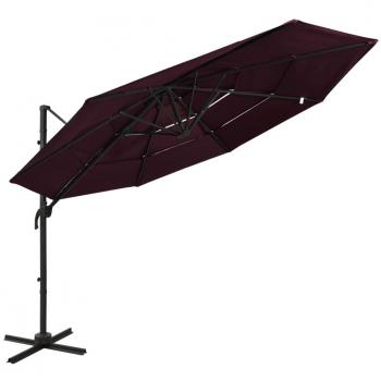 Sombrilla de jardín 3x3 m con palo de aluminio burdeos y 4 niveles ajustables