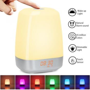 Luces-despertador Despertador con Luz Nocturna Wake Up Light con Simulación de Amanecer, Control Táctil, 3 Niveles Brillo, 16 Millones de Colores Seleccionando, 5 Sonidos Naturales, USB Recargable