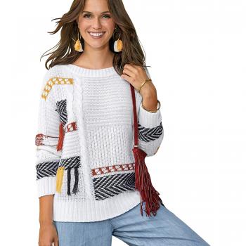 Jersey con borlas y Tricot Intarsia de fantasía Mujer by Vencastyle - 023747,Crudo,L