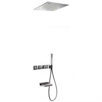 Tres griferia kit de banera termostatico empotrado blocksystem cromoterapia con cierre y regulacion de caudal 3vias cuerpo empotrado termostatico incluido rociador ducha a techo 500x500mm 29996201 cano cascada inox 29990304 ducha movil antical 20725307