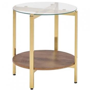 Mesa Auxiliar Moderna de Vidrio Templado y Estructura Metálica con 1 Estante en Madera Oscura y Acabado Dorado Lovell