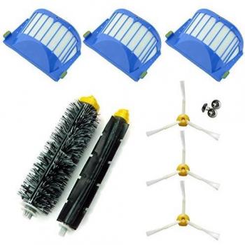 ASP-ROBOT Recambios Roomba serie 600 610 620 621 630 650 651 655 660 661 PET. 3 x Filtro, 3 x cepillo lateral, 1 x rodillo central y accesorios. Pack repuestos. KIT recambio nuevo.