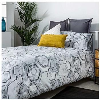 Funda Nórdica Mármol de Percal Algodón 100% Gris y Blanco con Fundas de Almohada para Cama de 180 cm