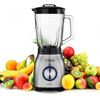 Ufesa BS4800 Zafiro Batidora de Vaso, 1000 W, Jarra de Cristal de 1.5L, Control Eléctronico LED de Velocidad, Cierre Hermético, Pica Hielo, 6 Cuchillas de Acero Inoxidable, Libre de BPA, Inox