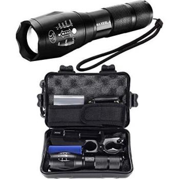Maxesla Linternas LED Alta Potencia Set, 2000 Lumen Linterna LED Recargable, Linterna Tactica 5 Modo Con 18650 Bateria, Funda, USB Cargador, Soporte Bicicleta, Impermeable IP65, Linterna Recargable