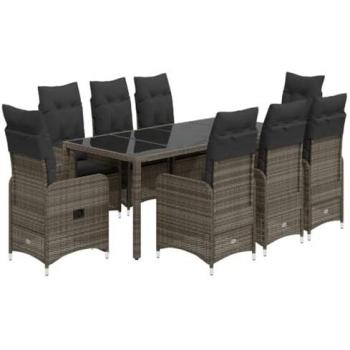 Juego de Muebles de Jardín 9 Piezas con Cojines de Ratán Sintético Gris