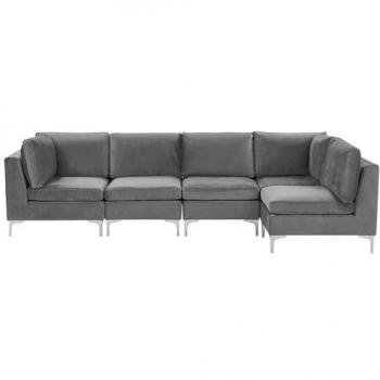 Sofá Esquinero Modular de 5 Plazas en Terciopelo Gris Izquierdo con Patas Metálicas Estilo Glamour Evja