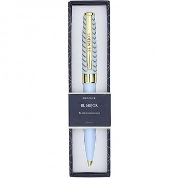 Bolígrafo El Mejor Draeger Azul Claro y Oro con tinta de secado rápido, diseño elegante en color azul claro y detalles en oro, cuerpo ergonómico para comodidad al escribir, recarga intercambiable y punta fina para escritura precisa