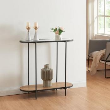 Mesa Consola Høyanger Ovalada con Estante de Metal y Cristal 80x80x30cm - Negro/Roble