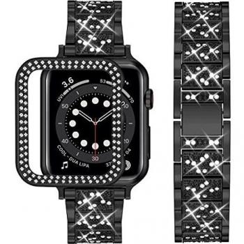 Wutwuk Correa para Apple Watch 44mm 45mm Correa con Funda Protectora Bling Brillante Elegante de Diamantes para Hombres y Mujeres Correa Compatible con Apple Watch 7/6/5/4/3/2/1/SE-Negra