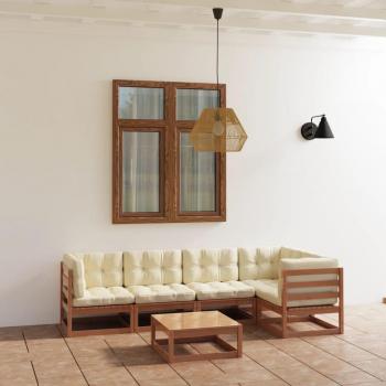 Conjunto de muebles de jardín 6 piezas con cojines de madera de pino maciza
