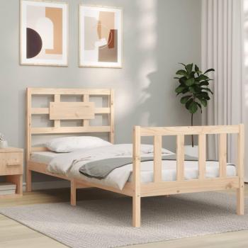 Cama individual de madera maciza con cabecero, lana redonda pequeña, color marrón
