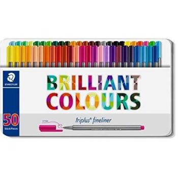 STAEDTLER 334 M50 – Fineliner Triplus, rotulador de punta fina de diseño triangular, con estuche de metal de calidad, con 50 colores brillantes, punta revestida de metal, ancho de línea 0,3 mm aprox.