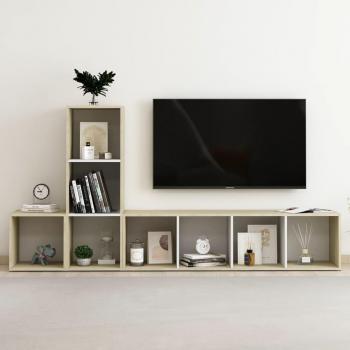 vidaXL Mueble de salón 3 piezas de madera ingeniería, incluye mueble TV y mesa de TV en color blanco y roble Sonoma