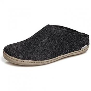 Charcoal Leather-Wool Open Heel Slippers for Adults - Glerups Style 47 M