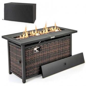 Wicker Propane Fire Pit Table with Glass Stones and Cover - 45-Inch Metal Frame