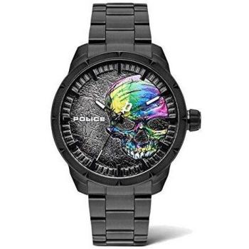 Police Skull Motif Black Stainless Steel Watch for Men - One Size