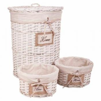 Cesto de ropa y 2 cestos de mimbre forrados blancos, diámetro 44 cm x altura 58 cm y 29 cm x altura 19 cm, juego de cestos de mimbre y madera de sauce,